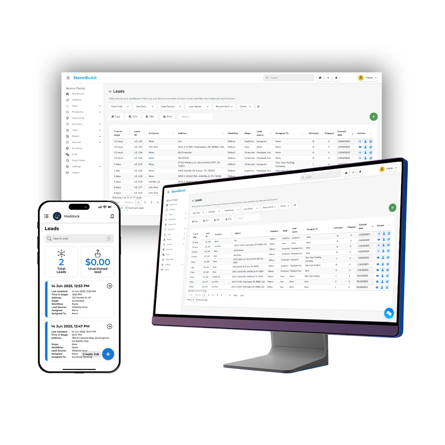 Roofing lead and project management screen