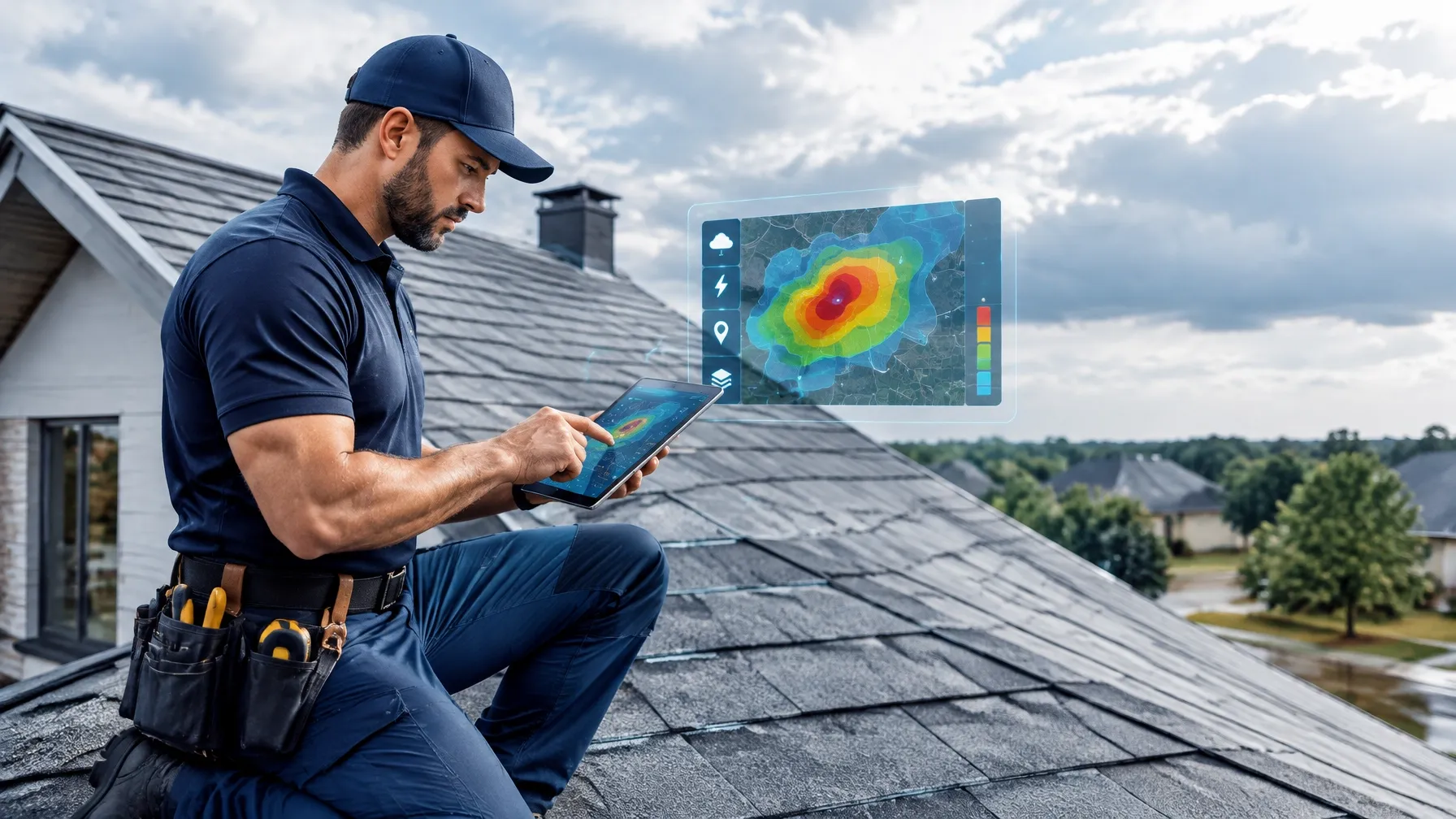 Roofing contractor reviewing storm and property intelligence on a tablet